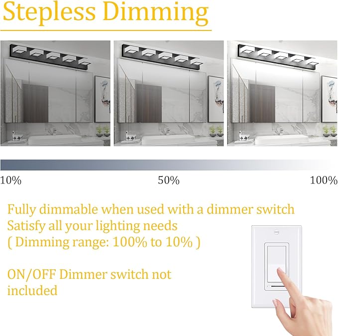 Ralbay 5 Color Temperature 5 Lights Black Vanity Lights 34inch Dimmable Acrylic Modern LED Black Bathroom Vanity Lighting Fixtures