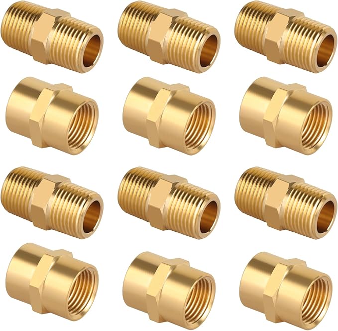 KOOTANS 12pcs Brass Pipe Fitting, NPT Hex Nipple, Coupling, 3/8" x 3/8" NPT Male Pipe, 3/8" x 3/8" NPT Female Pipe Fittings Set (6 Nipple & 6 Coupling)