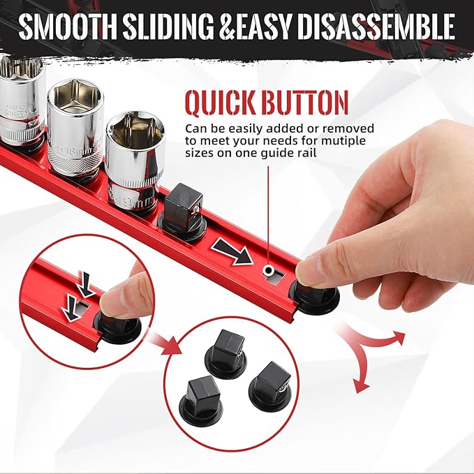 Magnetic Socket Organizer, 3-Piece Heavty Duty Aluminum Socket Holder, Socket Rail for Tool Box, Premium Quality 360° Swivel Socket Rack with 42 Clips for 1/4-Inch(Red)