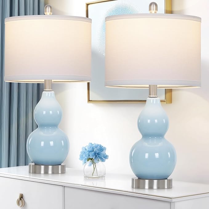 22" Double Gourd Ceramic Table Lamps Set of 2, Blue Modern Bedside Lamps for Living Room, Contemporary Nightstand Desk Lamps for Bedroom End Table Home Office Study Room Decor(2 LED Bulbs Included)