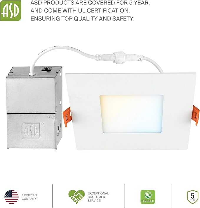 ASD 6 Pack LED Recessed Square Ceiling Light 4 Inch with Round Back, 5 CCT 2700K-5000K, Ultra-Thin Dimmable Wafer Lights with Junction Box, 12W 869LM, Canless Recessed Lighting, Slim LED Downlight, UL