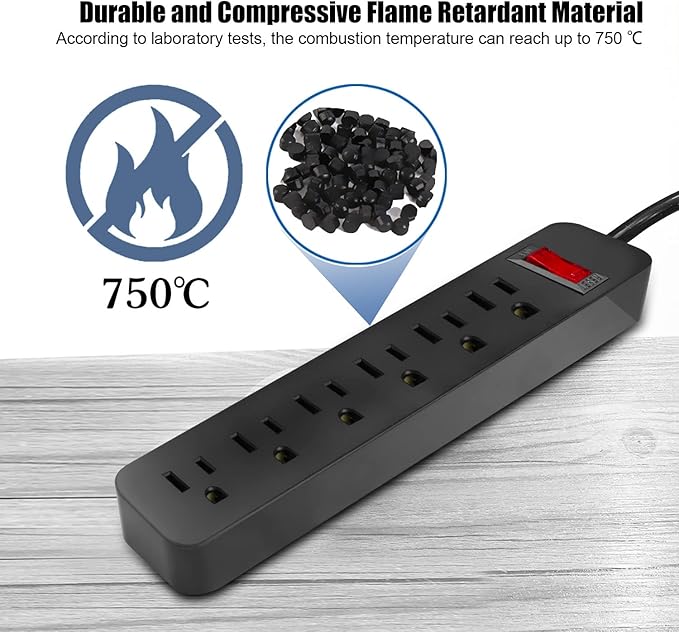 EXTRASTAR 6 Ft Extension Cord, 6 Outlets Power Strip,15A Build-in Circuit Breaker, 1875W, Mountable, Thin Flat Plug, Desktop Charging Station for Home School Office, Black