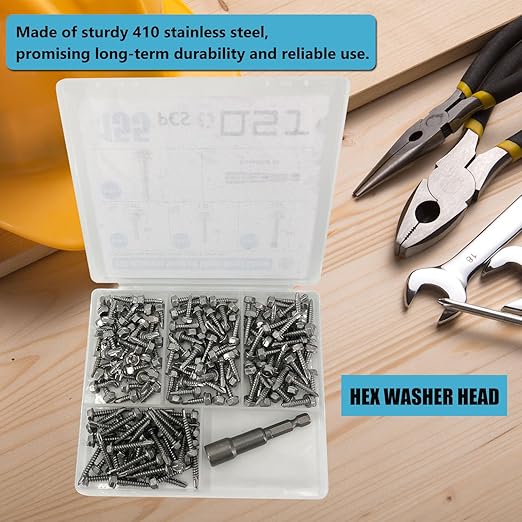 QSJ 155PCS #8 Sheet Metal Screws Set 410 Stainless Steel Hex Washer Head Fast Self Tapping Screws with Screwdriver Bit Silver