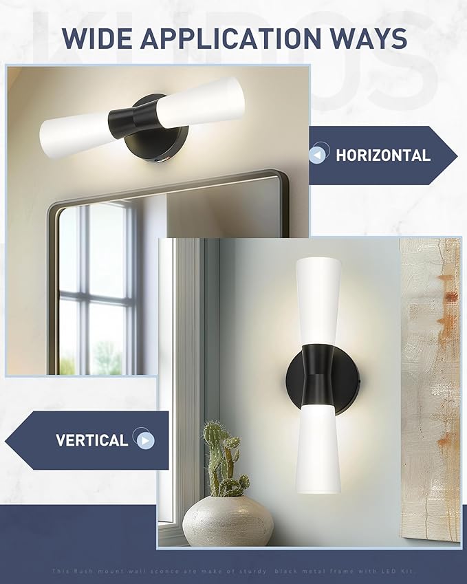 kudos Wall Sconces 16inches Black Vanity Light Fixtures, Modern Sconces Wall Lighting with Milk White Glass, Dimmerable 3000K/4000K/5000K for Bathroom Bedroom, KDVL13-BK