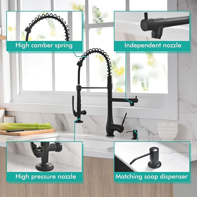 GIMILI Commercial Kitchen Faucet with Pull Down Sprayer, Double Headed Single Handle High Pressure Kitchen Faucet with Soap Dispenser Matte Black