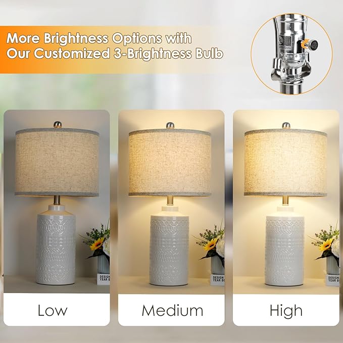White Ceramic Table Lamp with Beige Shade: 3-Way Dimmable Night Stand Light Lamp 24.5" Modern Table Lamps for Living Room Bedroom End Table Office Entryway Lamps (Bulb Included