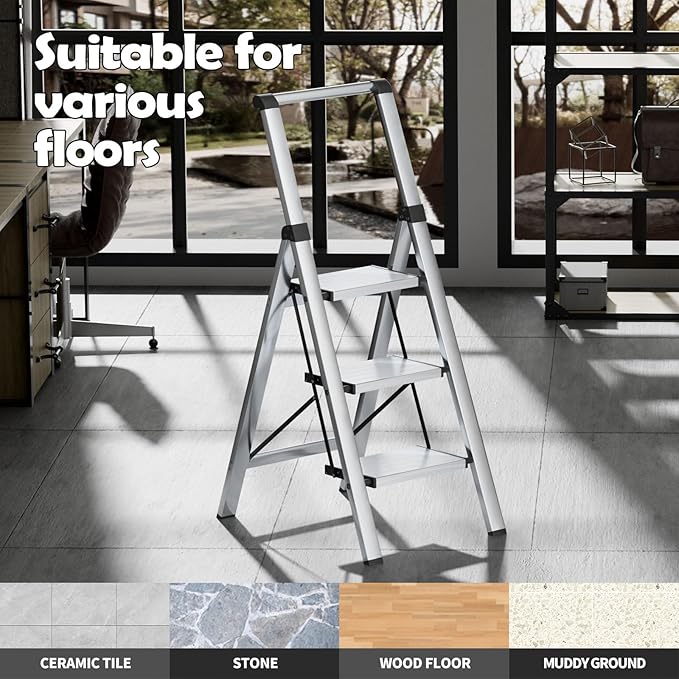 Taranta 3 Step Ladder, Portable Folding Ladder with Wide Pedal, Lightweight Aluminum Step Stool with Convenient Handgrip, 330 lbs Capacity Stepladder for Home, Office - Silver