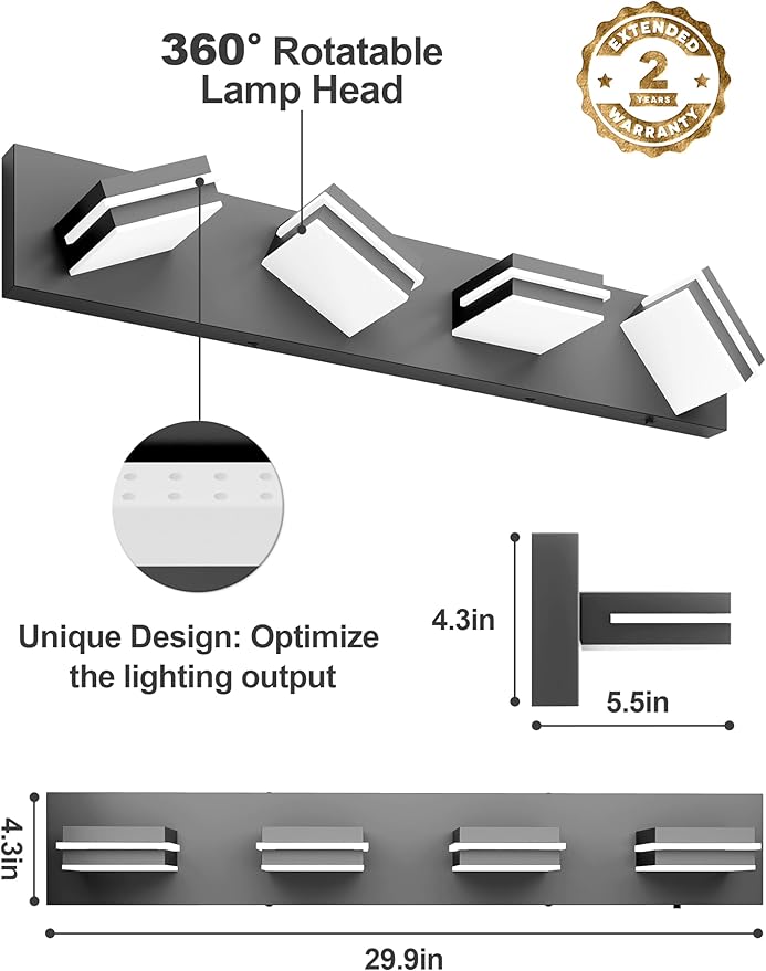 VOLISUN 4 Light Bathroom Vanity Light Fixtures,30 inch Black LED Bathroom Lighting Fixtures Over Mirror, 360°Rotatable Head, LED Vanity Lights for Bathrooms (6000K)