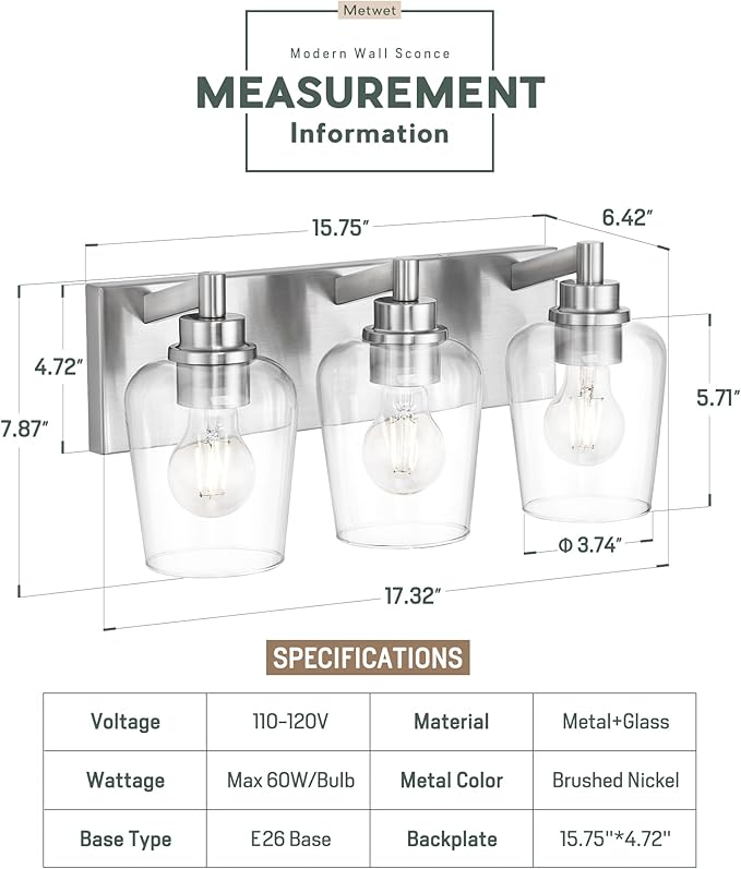 Bathroom Light Fixtures, 3-Light Modern Vanity Light with Clear Glass Wine Glass-Shaped Shade, Vanity Lighting Fixtures Over Mirror, Brushed Nickel, VL155-BN-3