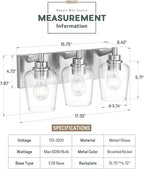 Bathroom Light Fixtures, 3-Light Modern Vanity Light with Clear Glass Wine Glass-Shaped Shade, Vanity Lighting Fixtures Over Mirror, Brushed Nickel, VL155-BN-3
