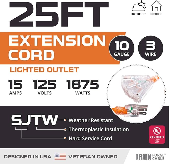 Iron Forge Cable 10 Gauge 25ft Lighted Outdoor Heavy Duty Extension Cord with 3 Outlets - 15 Amp 10/3 SJTW Orange Extension Cord with Multiple Outlets