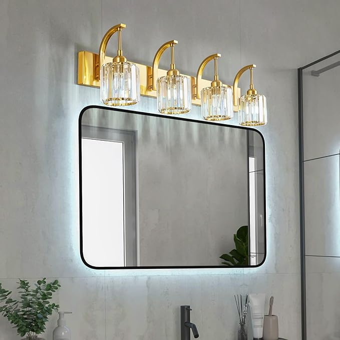 4-Light Crystal Vanity Light, Modern Gold Bathroom Wall Sconce with K9 Crystal Shades, 32.67" Long Over Mirror Lighting for Vanity, Makeup, Hallway, Elegant & Easy Install