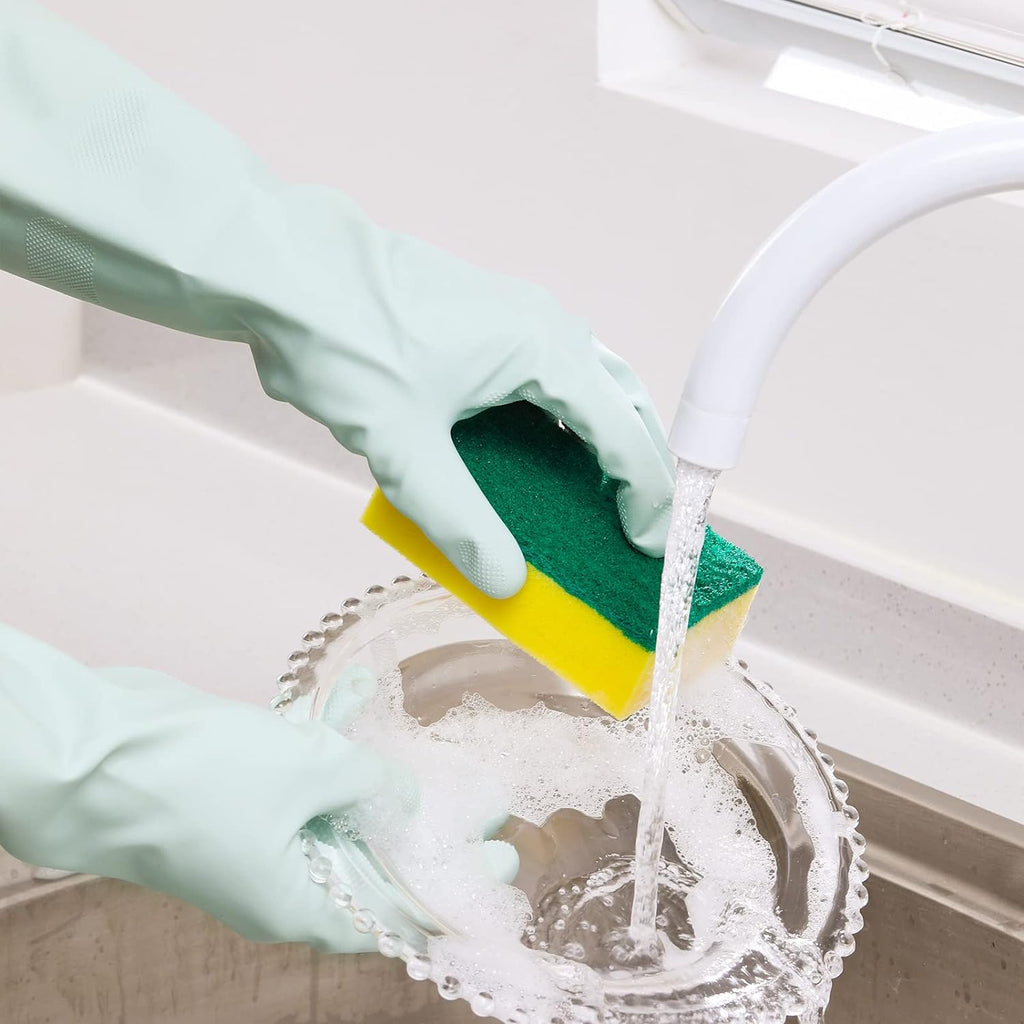 COOLJOB Large Household Rubber Gloves with Cotton Liner & Non-slip Grip, Waterproof Long Lasting Dishwashing Gloves for Kitchen & Bathroom Cleaning, Mint Green, 1 Pair