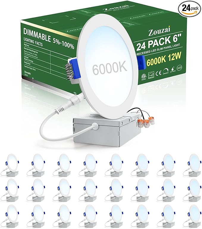 zouzai 24 Pack 6 Inch Ultra-Thin LED Recessed Ceiling Light with Junction Box, 6000K Clear White, 12W 110W Eqv, Dimmable Downlight, 1080LM High Brightness - ETL Certified
