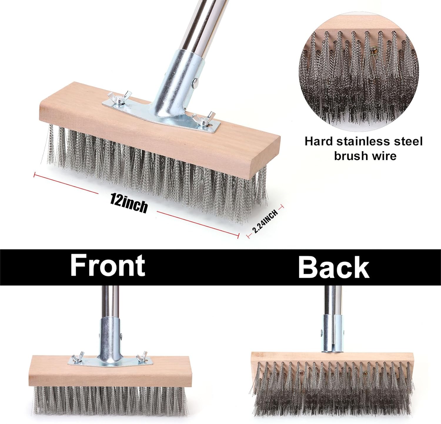 Stainless Steel Wire Scrub Brush with 63" Long Handle, 2PCS 12" Brush Heads, Heavy Duty Large Wire Brush, Stiff Metal Bristle Floor Scrubber, Patio Floor Cleaning, Wire Broom for Concrete, Deck, Moss