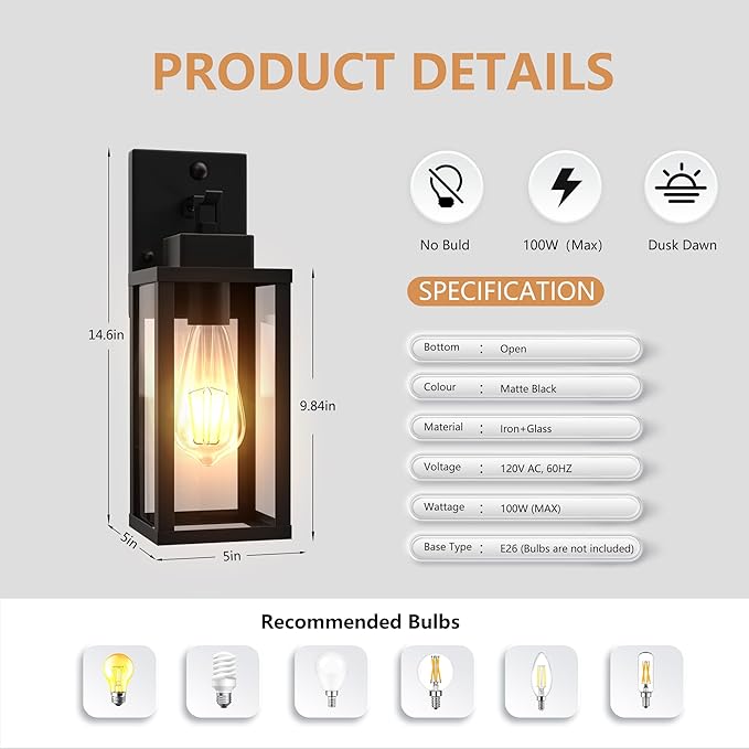 Motion Sensor Dawn to Dusk Outdoor Sensor Light Fixture Anti-Rust Exterior Wall Lighting Waterproof Outdoor Wall Lantern for Porch Patio Front Door Garage