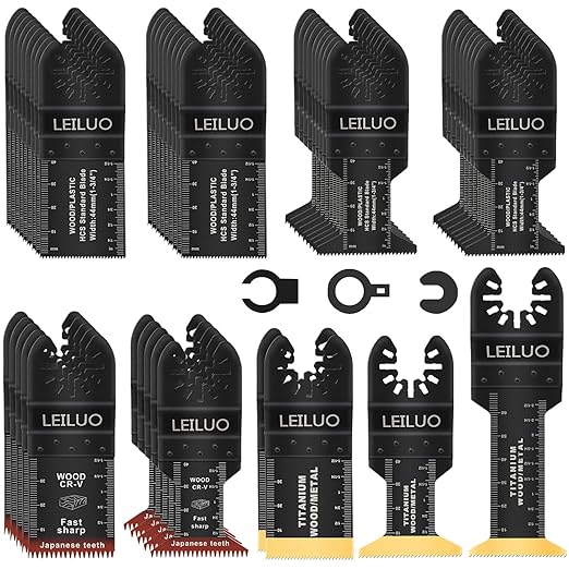 LEILUO 50 Pcs Multitool Blade for Wood Nails Drywall Titanium Oscillating Saw Blades Japanese Tooth Oscillating Tool Accessories with Storage Bag Compatible with DeWalt Makita Dremel and More
