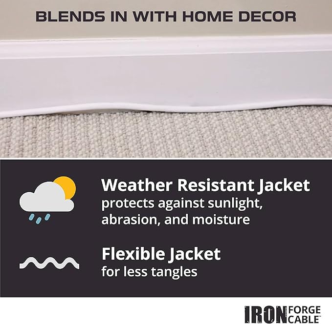 Iron Forge Cable Weatherproof 3 Ft Outdoor Extension Cord - 14/3 SJTW Heavy Duty White Extension Cord 3 Prong - 15 Amp Exterior Power Cable