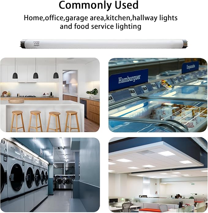 Valoisa (4PACK F14T8/D 14W 15" T8 6500K Linear Fluorescent Tube Light Bulb, 14 Watts, G13 Base, 14 3/4" MOL, 1" Dia, Daylight