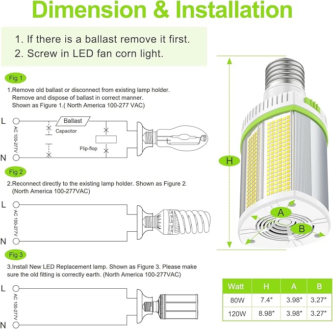 LED Corn Light Bulb 80W 64W 48W Adjustable, E39 Base LED Light Bulb 5700K 5000K 4500K, DLC ETL Listed 12,000LM Commercial High Bay Fixture for Warehouse Shoebox Park lot Area Lighting, AC 100V-277