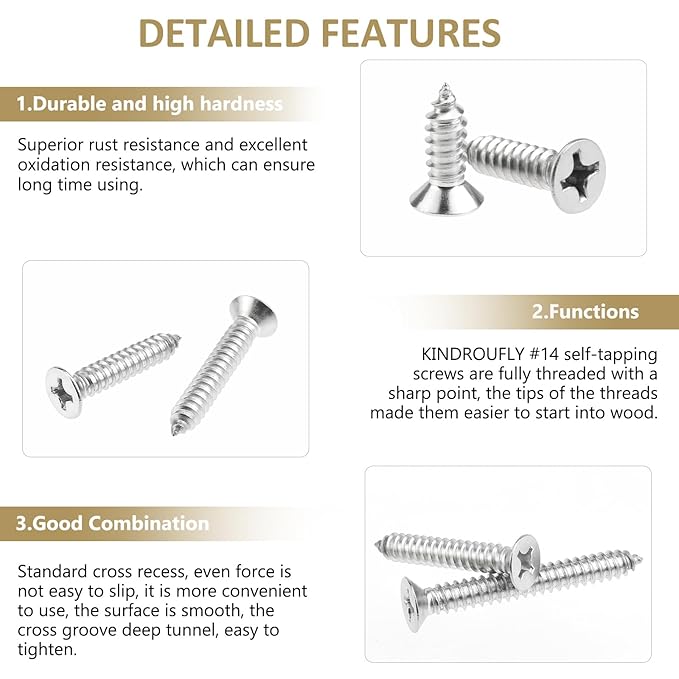54 Pieces #14 x 3/4" 1" 1-1/4" 1-1/2" 2" Phillips Countersunk Head Self-Tapping Screws, Wood Screws Assortment Kit, 304 Stainless Steel