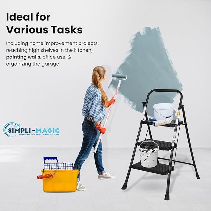 SIMPLI-MAGIC 3-Step Ladder, 800 LBS Capacity Folding Step Stool – Anti-Slip Wide Steps & Handgrip – ANSI Certified Lightweight & Durable Steel Stepping Stool for Kitchen, Home, Office & Garage