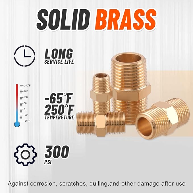 24Pcs Brass Pipe Fittings,1/8" x 1/8",1/4" x 1/4",3/8" x 3/8",1/2" x1/2" NPT Male Hex Nipple Pipe Extension Reducer Nipple Adapter