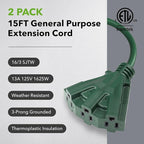 BN-LINK 15Ft Outdoor Extension Cord with 3 Outlets, 2-Pack, 16/3 SJTW, 13-Amp Power Cord for Lighting, Landscaping & Holiday Decorations, Grounded, ETL Listed
