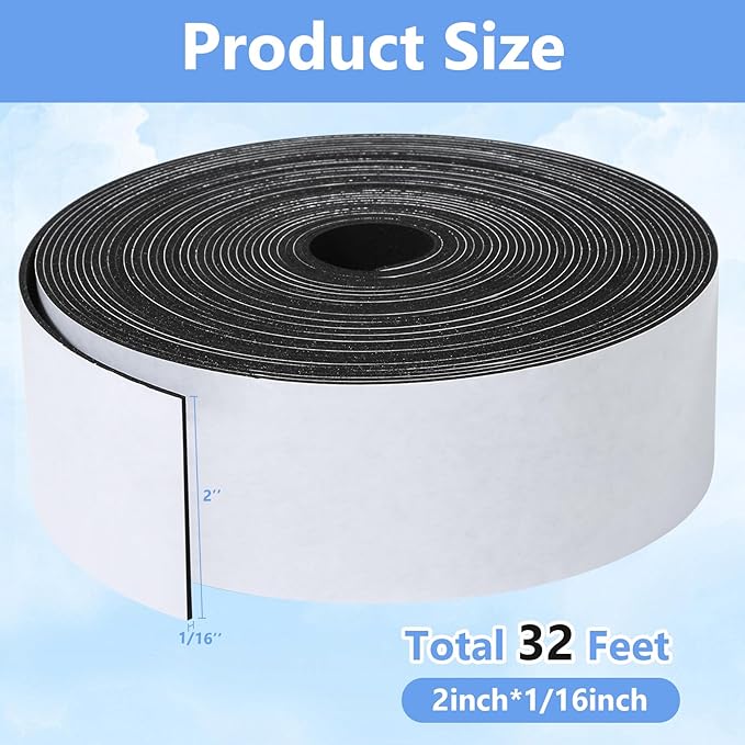 Weather Stripping Door Seal Strip- 2 Inch X 1/16 Inch X 32Feet, Strong Adhesive, Lightproof, Soundproof, Weatherproof Foam Tape Insulation for Sliding Door, Front Door Frame, Windows- Black