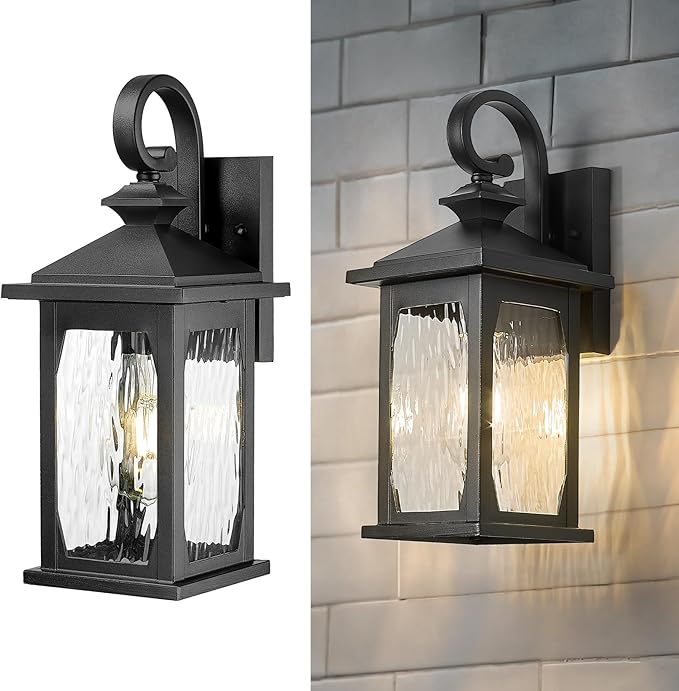 zeyu 14 Inch Outside Exterior Lights Fixture, Black Outdoor Wall Lights with Water Ripple Glass, Die-Cast Aluminum, Black Finish, ZD99B BK-WP