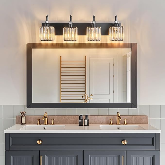 Crystal Vanity Lights - Black 4 Light Modern Bathroom Vanity Light Fixtures Over Mirror
