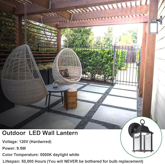 LIT-PaTH Outdoor LED Wall Lantern, Wall Sconce as Porch Lighting Fixture, 5000K Daylight White, 9.5W 800 Lumen, Aluminum Housing Plus Glass, Black Finish, 1-Pack