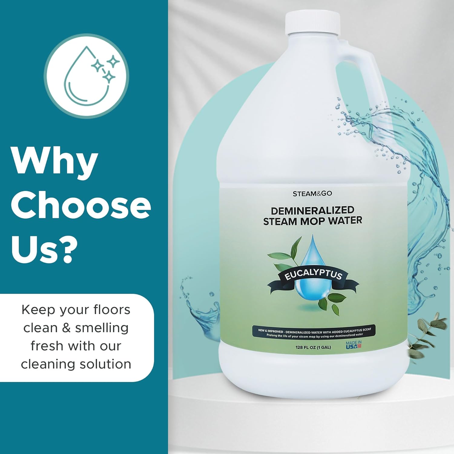 Steam & Go Demineralized Water - Multi-Surface Cleaning Solution for Steam Mop, Ready-to-Use Floor Cleaner, No PVC, Ideal for Home & Office, Compatible w/Any Mop - Eucalyptus Mint, 128oz, Pack of 1