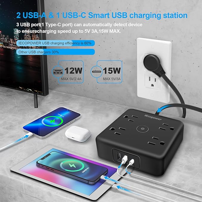 Ultra Flat Plug Surge Protector Power Strip 10 ft Cord,Long Power Strip with 4 Widely Outlets, Thin Extension Cord with 3 USB Ports(1 USB C Port),Slim Desk Charging Station,Black(2 Pack)