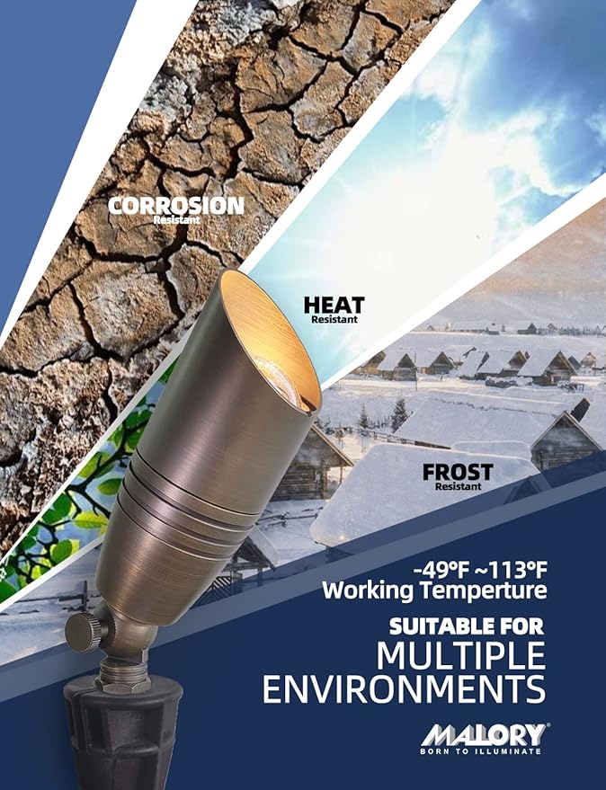 MALORY Brass Landscape Spotlights 1-Pack with MR16 Bulb(S02), 12V Low Voltage Landscape Lighting LED Outdoor Spot Uplights for House and Tree,PVC Ground Stake and Wire Connector Included, 5W 2700K