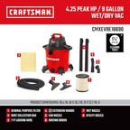 CRAFTSMAN CMXEVBE18690 9 Gallon 4.25 Peak HP Wet/Dry Shop Vac, Portable Shop Vacuum Wet and Dry with Filter, Dust Bag, Dusting Brush, Hose and Attachments for Home, Garage and Automotive Cleaning