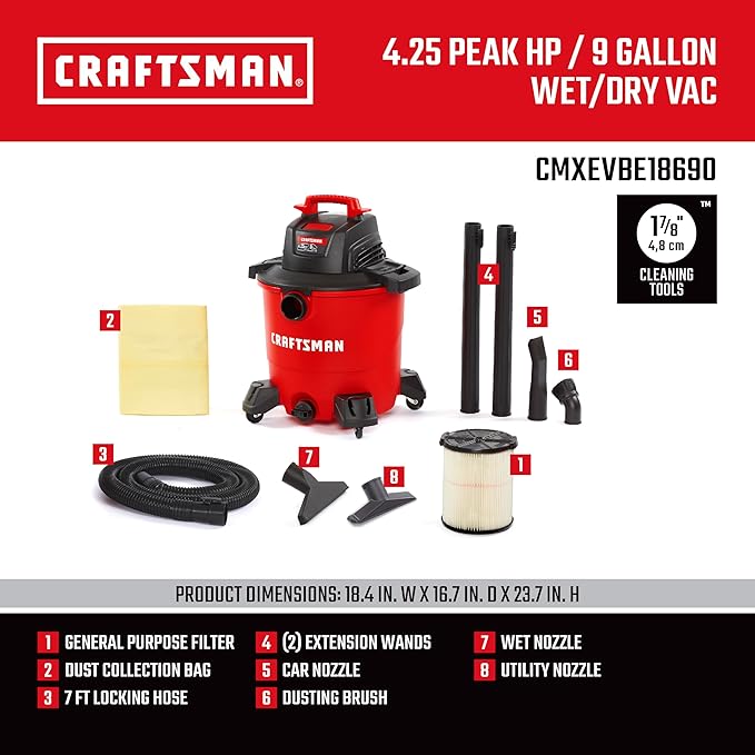CRAFTSMAN CMXEVBE18690 9 Gallon 4.25 Peak HP Wet/Dry Shop Vac, Portable Shop Vacuum Wet and Dry with Filter, Dust Bag, Dusting Brush, Hose and Attachments for Home, Garage and Automotive Cleaning