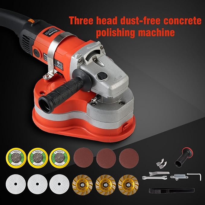 Electric Diamond Floor Grinder Polisher Machine 3800W, 6-Speed Adjustable, with 3 Diamond Wheels for Dustless Grinding, Polishing Cement, Marble, Epoxy, Concrete, Stone, Thinset, Metal Descaling