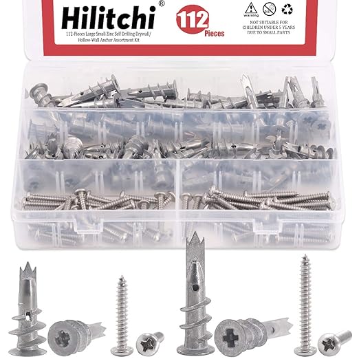 Hilitchi 112-Pieces Large Small Zinc Self Drilling Drywall/Hollow-Wall Anchor Assortment Kit