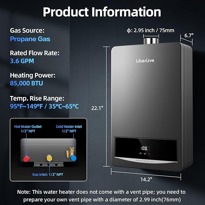 Propane Gas Tankless Water Heater, Indoor Max 3.6 GPM, 85,000 BTU On Demand Instant Hot Water Heater Propane Gas with LED Temperature Control Panel, 1/2" NPT Connector Size, CSA Certified, Gray