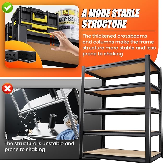 72" H*36'' Storage Shelves 2500lbs Garage Shelving, Adjustable Heavy Duty Garage Shelves, Easy to Install Metal Shelving Wood Shelving Unit, Storage Shelf for Basement Warehouse, 2 Pack