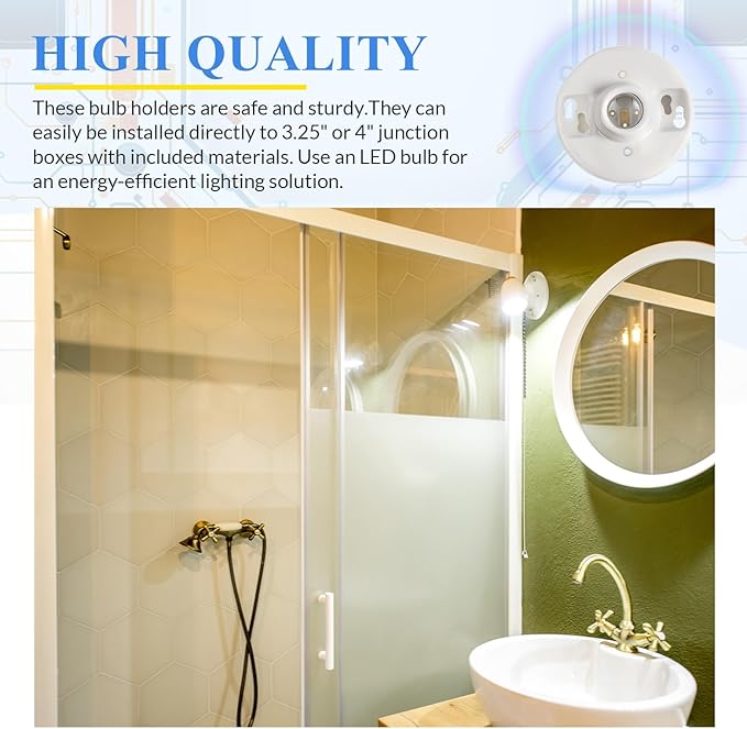 6 Pcs Medium Base E26 Lamp Holder Ceiling Light Sockets White Bulb Socket Incandescent Fluorescent CFL Lamp Holder 660w 250v (Porcelain)