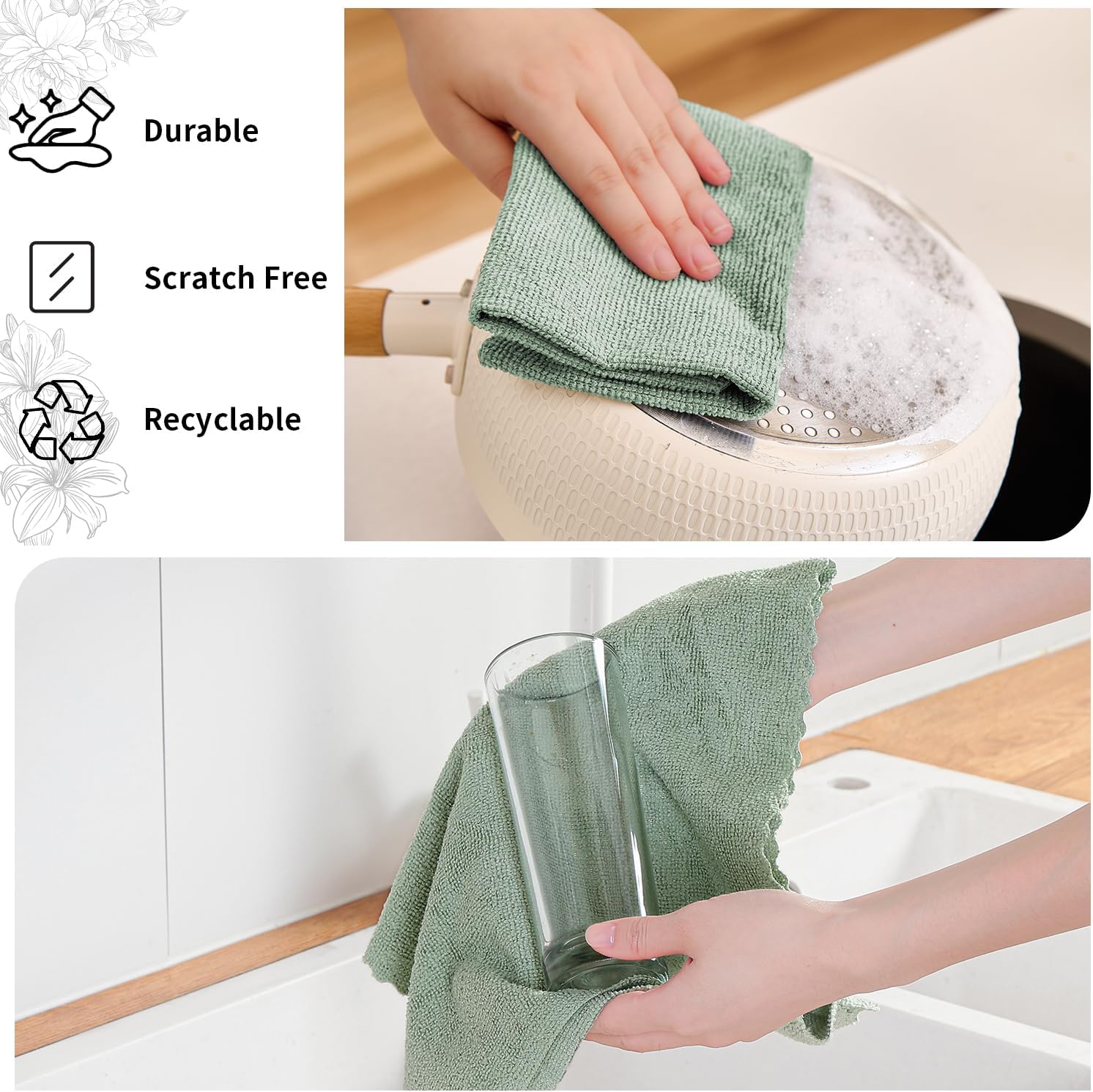 80 Pack Microfiber Cleaning Cloth Roll,Lint Free Rags & Tear Away Reusable Towels Washable Scratch,Ultra Absorbent Dish Rags(12" x 12") for Car Kitchen Home Garage-Green