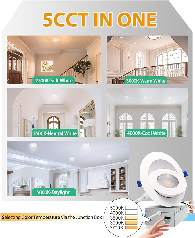 zouzai 4 inch Gimbal Led Recessed Lights, 360°+90° Adjustable Directional Recessed Lighting, 2700K/3000K/3500K/4000K/5000K Dimmable Retrofit Eyeball Can Lights with Jbox,ETL(White,12 Pack)