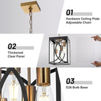 4-Lights Large Outdoor Pendant Light Fixture, E26 Bulb Base Porch Hanging Lighting in Black & Brushed Brass, Modern Exterior Lantern Chandelier Ceiling Mount for Patio Front Door