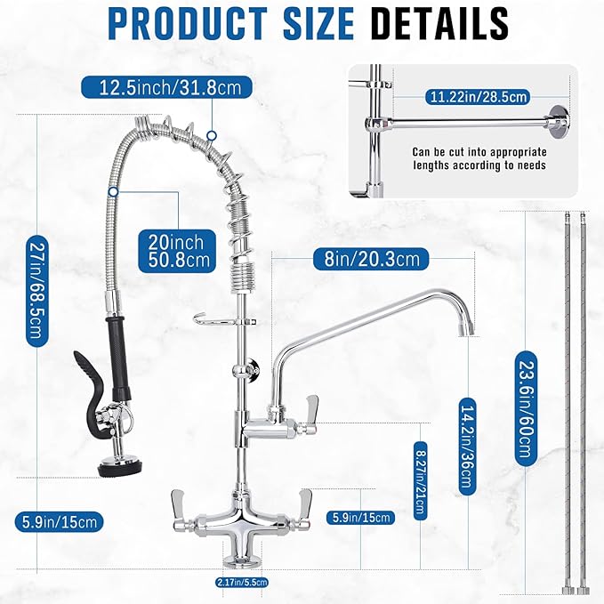 27" Height Commercial Sink Faucet Deck Mount with Pre-Rinse Sprayer, Commercial Kitchen Faucet with 10" Add-on Swing Spout Faucet & Spring Pull Down Sprayer, 8" Adjustable Center Kitchen Faucet