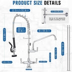27" Height Commercial Sink Faucet Deck Mount with Pre-Rinse Sprayer, Commercial Kitchen Faucet with 10" Add-on Swing Spout Faucet & Spring Pull Down Sprayer, 8" Adjustable Center Kitchen Faucet