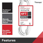 6 Ft Outdoor & Indoor Extension Cord - 16/3 SJTW Weatherproof Water Resistant White Electrical Cable with 3 Prong Grounded Plug - Great for Home Office