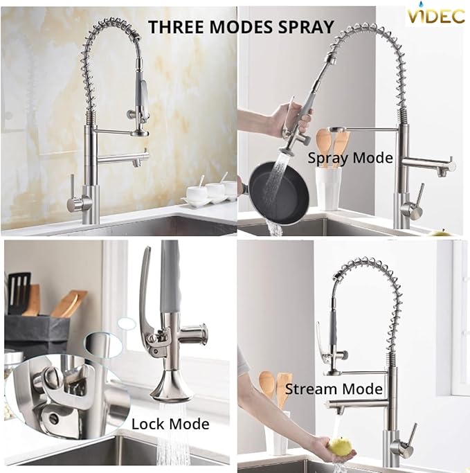 Smart Kitchen Faucet, 3 Modes Pull Down Sprayer, LED Temperature Control, Ceramic Valve,360-Degree Rotation,1 or 3 Hole Deck Plate, Double Spout. 10-Year Warranty. (KW-29SN, Brushed Nickel)