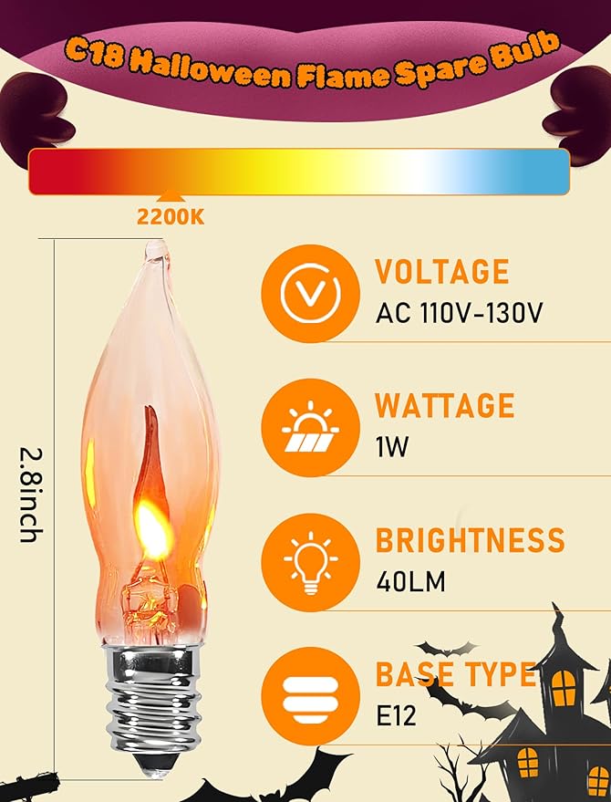 Abeja 12 Pack Flicker Light Bulb, Realistic Flame Shaped Bulb for Christmas & Halloween Candelabra Light Bulbs & String Light Replacement 1w, 120 Volt E12 Flame Candelabra Light Bulbs